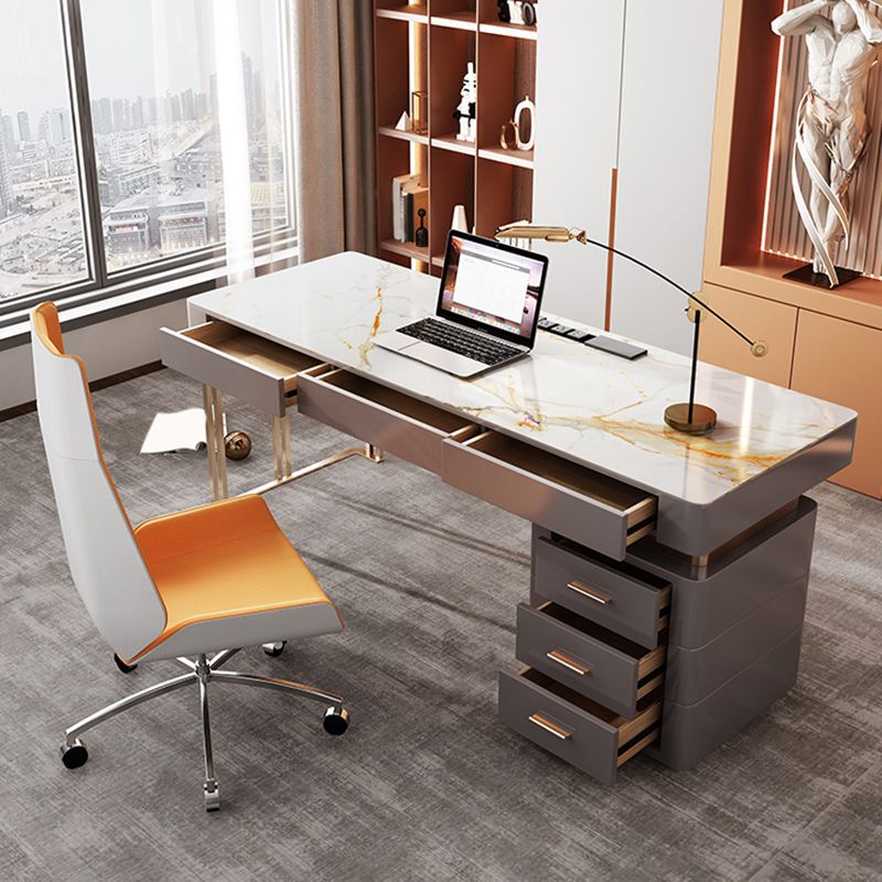 Grey Office Desk Mirrored Rectangular Drawers Storage Desk with Metal Leg Clearhalo 'furn' 'furn_office_desk' 'Furniture' 'Office Desks' 'Office Furniture' 'office_desk' 1200x1200_13c54f97-17ac-416a-afac-ce25054d9872