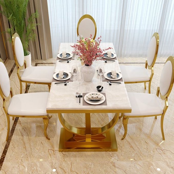 Stainless Steel Traditional Luxury Rectangle Table Marble Top Table with Trestle Base Clearhalo 'Dining Tables & Seating' 'Dining Tables' 'dining_table' 'furn' 'furn_dining_table' 'Furniture' 'Kitchen & Dining Furniture' 1200x1200_13ca9561-2d0b-4c99-9abd-88460a1dec82