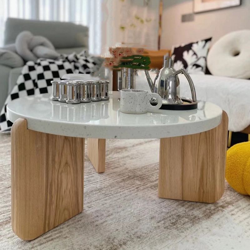 Stone and Solid Wood Coffee or End Table Contemporary Coffee Table in Beige