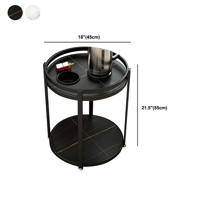 モダンメタルフレームエンドテーブルスレートラウンドダブルティアエンドテーブル