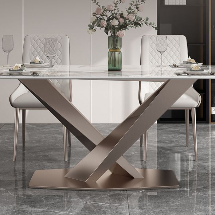 Modern Style Sintered Stone Dining Table with Standard Height Table and Rose Gold Trestle Base Clearhalo 'Dining Room Sets' 'Dining Tables & Seating' 'dining_room_set' 'furn' 'furn_dining_room_set' 'Furniture' 'furniture_dining_room_set' 'Kitchen & Dining Furniture' 'kitchen&dining_furn' 'kitchen' 1200x1200_140a1473-d40c-43c7-af1f-a3ba54bd1bc8