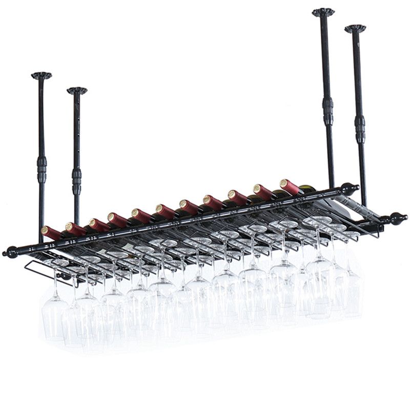 Bottiglia di vino sospesa in metallo e portabicchiere vetro in vetro industriale in nero e ottone