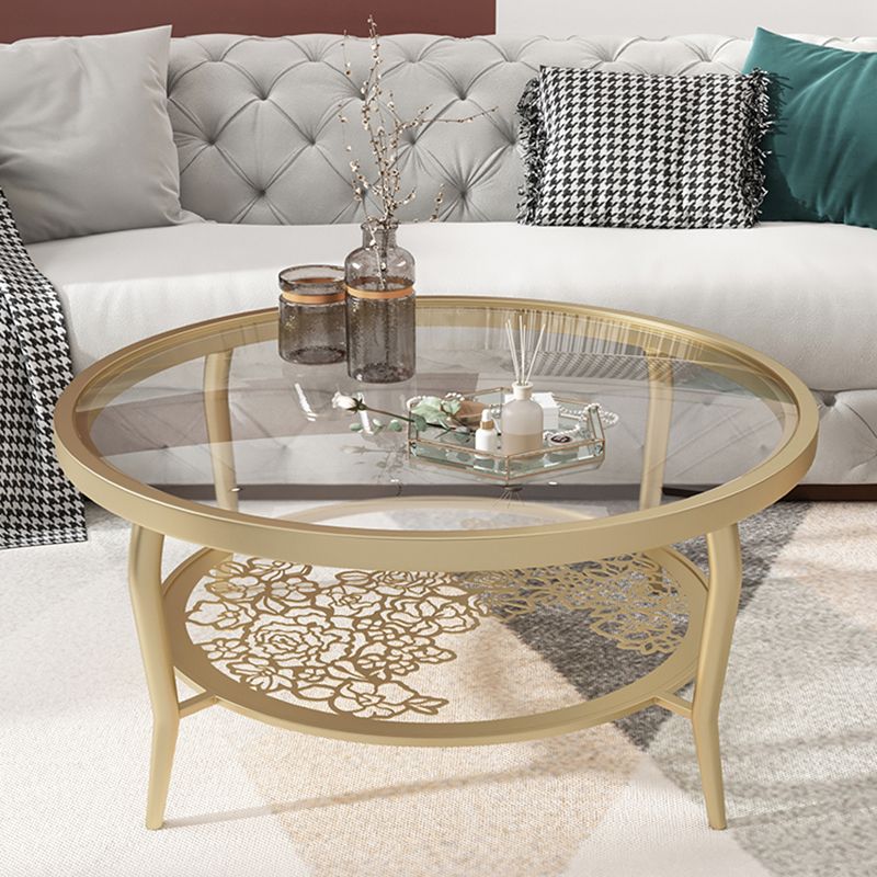 23.6"/17.7"H Modern 4 Legs Steel Base Glass Round Coffee Table with Shelf Clearhalo 'Coffee & Accent Tables' 'Coffee Tables' 'coffee_tables' 'furn' 'furn_coffee_tables' 'Furniture' 'furniture_coffee_tables' 'Living Room Furniture' 1200x1200_142002e7-60f2-40dc-944a-6b1daf1a2ef6