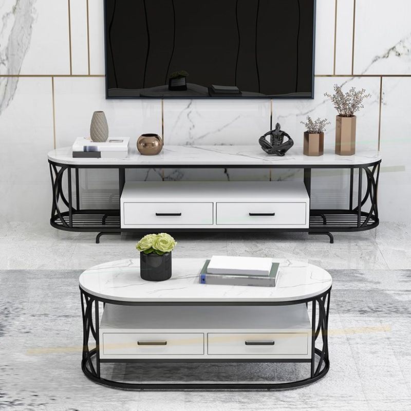 Glam Stone Meuble TV avec étagères ouvertes et console avec tiroirs