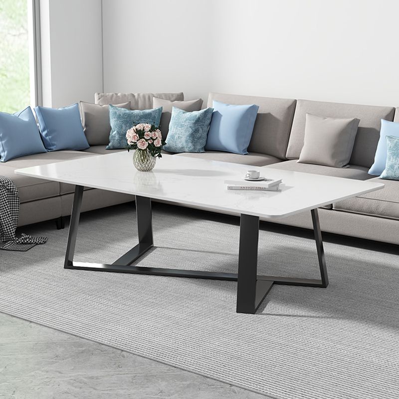 Modern Rectangle Coffee or End Table Stone and Steel Coffee Table with Cross Legs