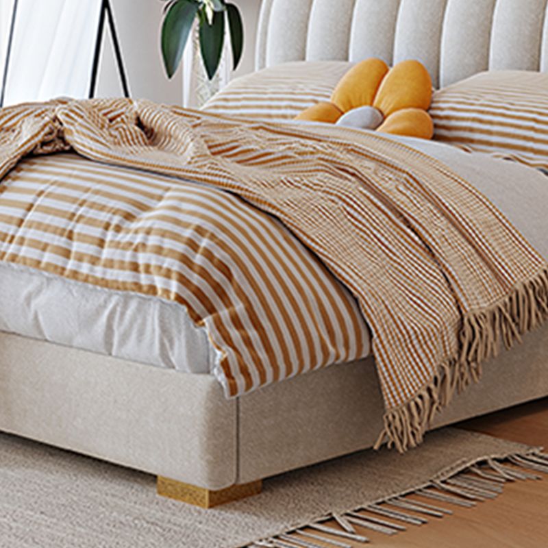 Beige Upholstered Headboard Bed Rectangular Panel Solid Wood Bed