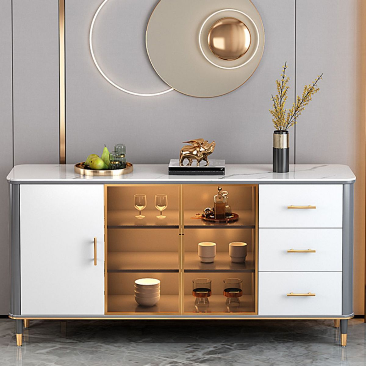 Portes de verre en pierre de buffre glamour avec armoire et tiroirs