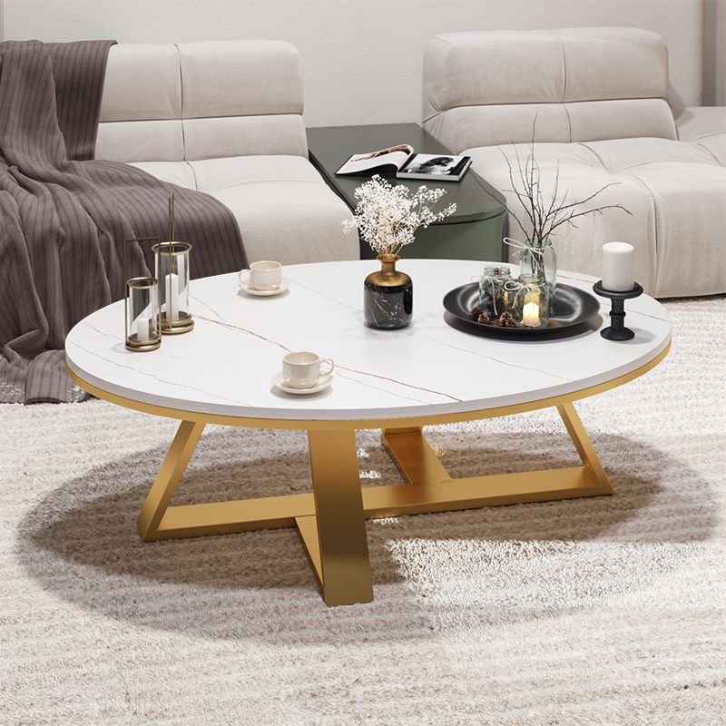 Glam Oval Stone Top Couchtisch mit Eisenkreuz -Basis -Cocktailtisch
