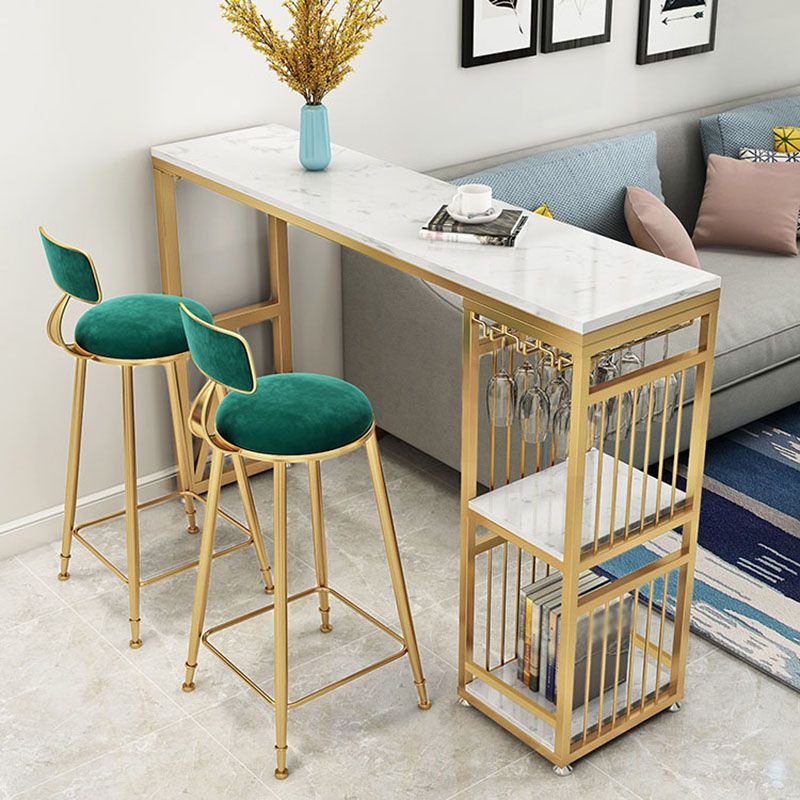 Glam White Marble Bar Dining Table Iron Double Pedestal Bistro Table with Shelve Clearhalo 'Bar Furniture' 'Bar Tables' 'bar_tables' 'furn' 'furn_bar_tables' 'Furniture' 'furniture_bar_tables' 'Kitchen & Dining Furniture' 'kitchen&dining_furn' 'kitchen' 1200x1200_148cb874-5a89-4c9a-a24c-b3d736d0a19d