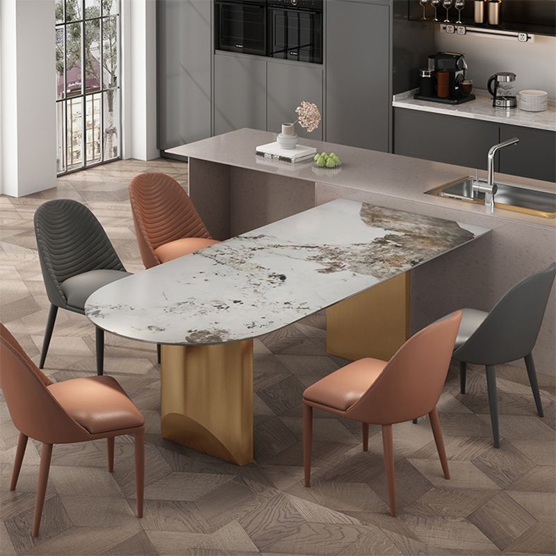 Modern Dining Table Stone Top Dining Table with Stainless Steel Double pedestal Base Clearhalo ' dining_table' 'Dining Tables & Seating' 'Dining Tables' 'furn' 'furn_dining_table' 'Furniture' 'furniture_dining_table' 'Kitchen & Dining Furniture' 'kitchen&dining_furn' 'kitchen' 'kitchen_dining_table' 1200x1200_1491995e-aa23-45ef-82d0-ca3ee489f0b0