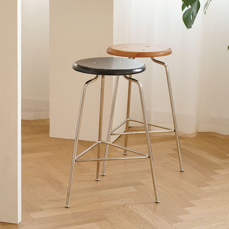 Contemporary Solid Wood Round Armless Bar Stool with Metal Base