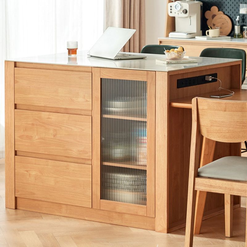 Stone Top Rectangle Kitchen Island Table with Rubberwood Base