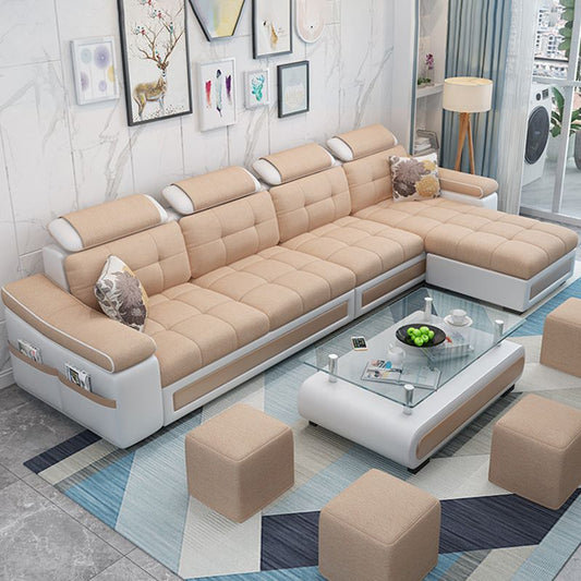 L-shape Faux Leather/Linen Blend Sectional Right Facing Sofa with Ottoman Included Clearhalo 'Furniture' 'furniture_sectionals' 'Living Room Furniture' 'Sectionals' 1200x1200_14e697d1-cce5-427a-9d90-561a27afd99a