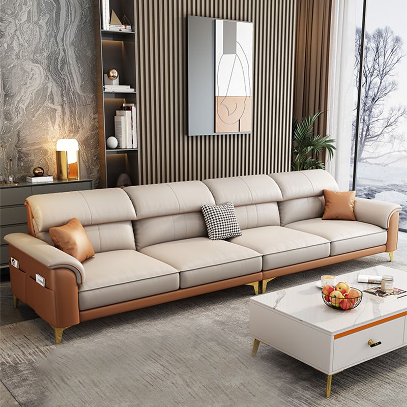 Modern Faux Leather Beige Sofa with Pillow Top Arm for Living Room Clearhalo 'furn' 'furn_sectionals' 'Furniture' 'furniture_sectionals' 'Living Room Furniture' 'Sectionals' 1200x1200_150fb651-82d3-463a-b5bc-da597ceac199
