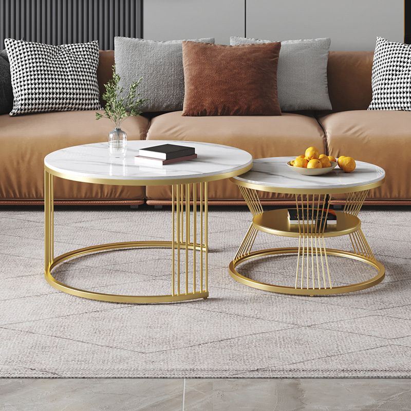 Round White Slate Coffee Table with Shelf Frame Base 2 Nestling Cocktail Table Clearhalo 'Coffee & Accent Tables' 'Coffee Tables' 'coffee_tables' 'furn' 'furn_coffee_tables' 'Furniture' 'furniture_coffee_tables' 'Living Room Furniture' 1200x1200_15165d63-4e5e-401f-874c-bad49184644e