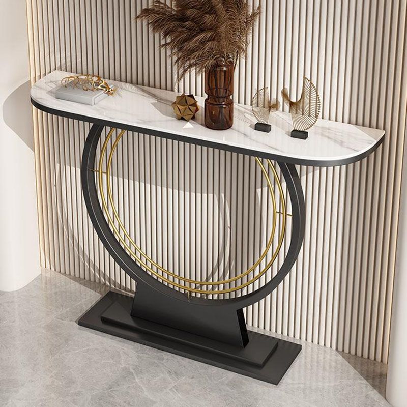 12 Inch Wide Glam Accent Table Half Moon Stone Console Table for Hall