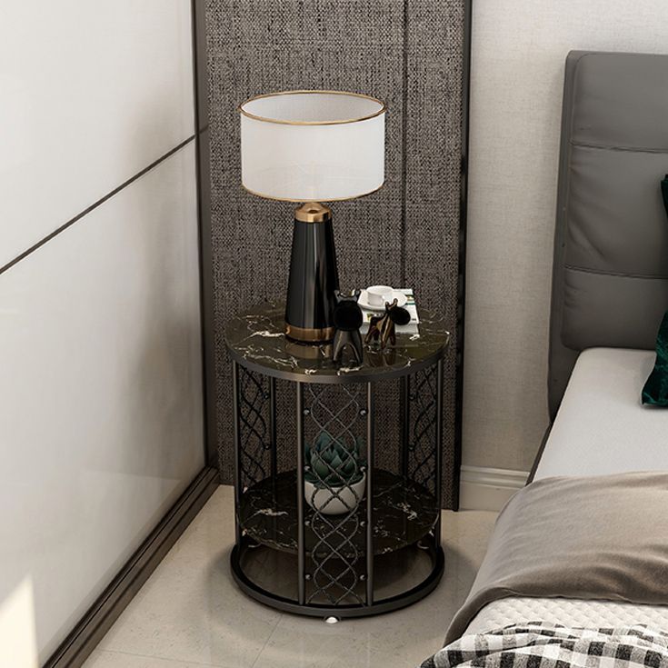 21.6" Tall Modern Round Slate Top Side Table Iron Frame End Table with Shelf