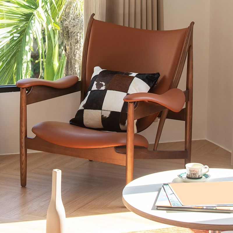 Traditional Living Room Accent Armchair Genuine Leather Brown Accent Armchair