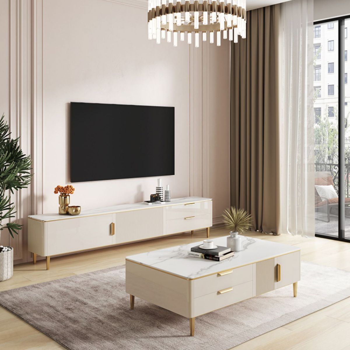 Singer de la consola de televisión de piedra sinterizada casera escandinava de televisión con patas de metal