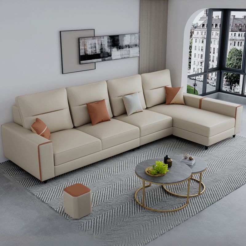 Faux Leather Sectional with 4 Pillows Back and Square Arms for Living Room