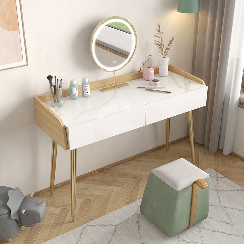 Glam 2-drawer Slate Top Dressing Table 32.67" H Vanity Stool in White Clearhalo 'Bedroom Furniture' 'furn' 'furn_makeup_vanities' 'Furniture' 'Makeup Vanities' 'makeup_vanities' 1200x1200_15441f1f-2213-4ee0-88fa-5abc4e826445