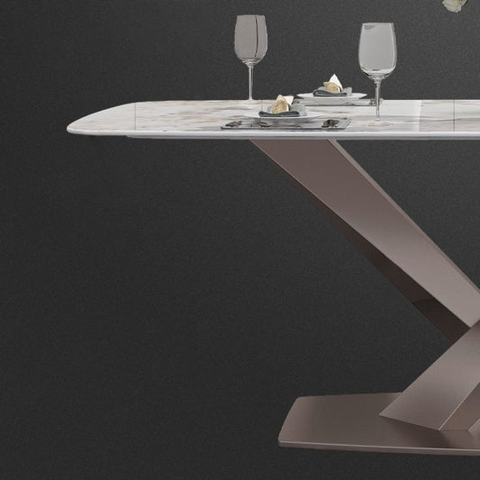 Traditional Luxury Dining Table Rectangle Sintered Stone Dining Table with Metal Base