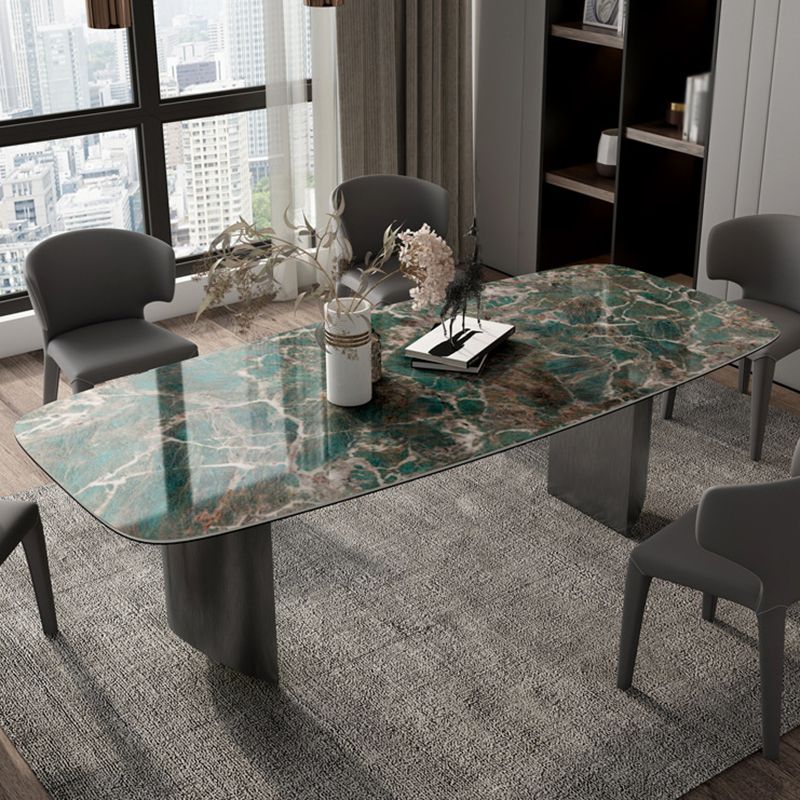 Sintered Stone Modern Rectangle Dining Table Green Stone Top Table with Metal Double Pedestal Clearhalo ' dining_table' 'Dining Tables & Seating' 'Dining Tables' 'furn' 'furn_dining_table' 'Furniture' 'furniture_dining_table' 'Kitchen & Dining Furniture' 'kitchen&dining_furn' 'kitchen' 'kitchen_dining_table' 1200x1200_156ecd55-8c75-4ac9-9e6d-0f03b060f68e