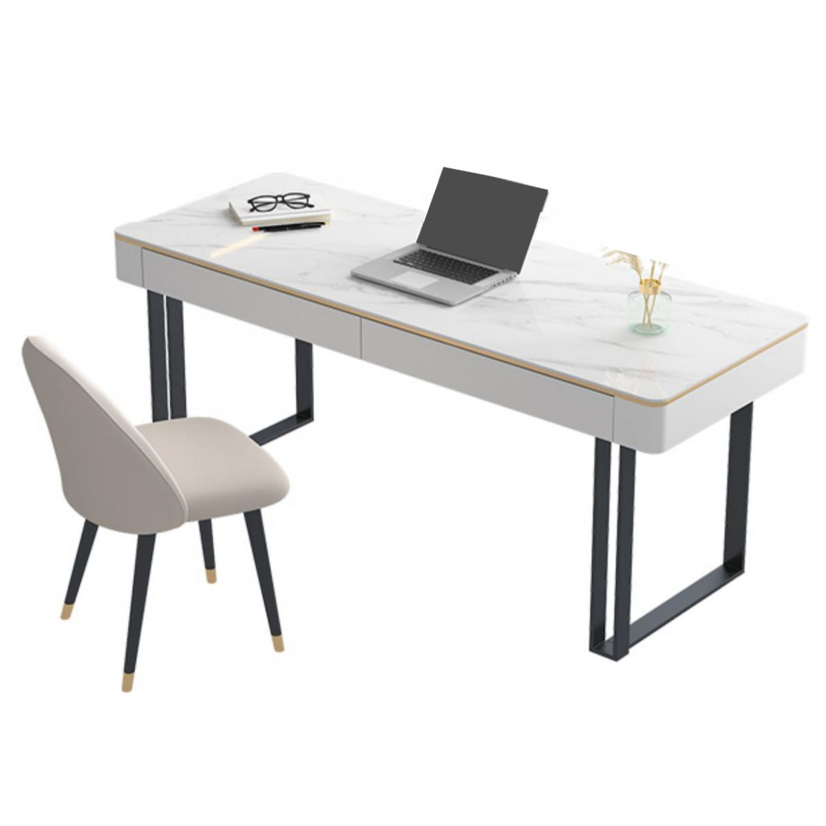 Bureau de bureau glamour antique Ordinateur Courbe courbe avec 2 tiroirs de rangement