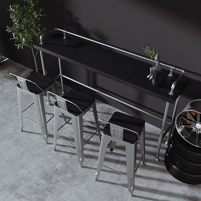 Industrial Black Wood Bar Table with Rectangle Table Top Silver Trestle Table - 42" H Clearhalo 'Bar Furniture' 'Bar Tables' 'bar_tables' 'furn' 'furn_bar_tables' 'Furniture' 'furniture_bar_tables' 'Kitchen & Dining Furniture' 1200x1200_15921a69-2840-4176-9397-f270e981dcdd