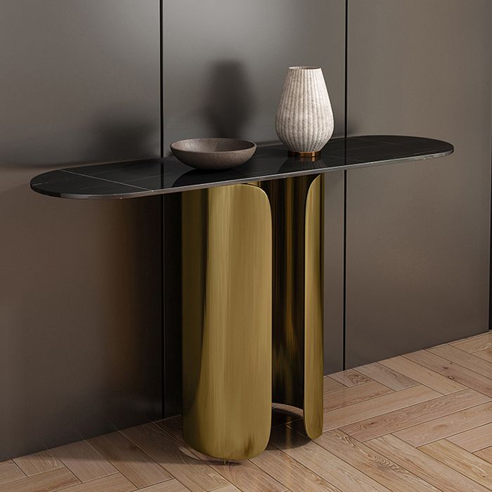 16 Inch Wide Glam Console Table Oval Stone Accent Table for Hall