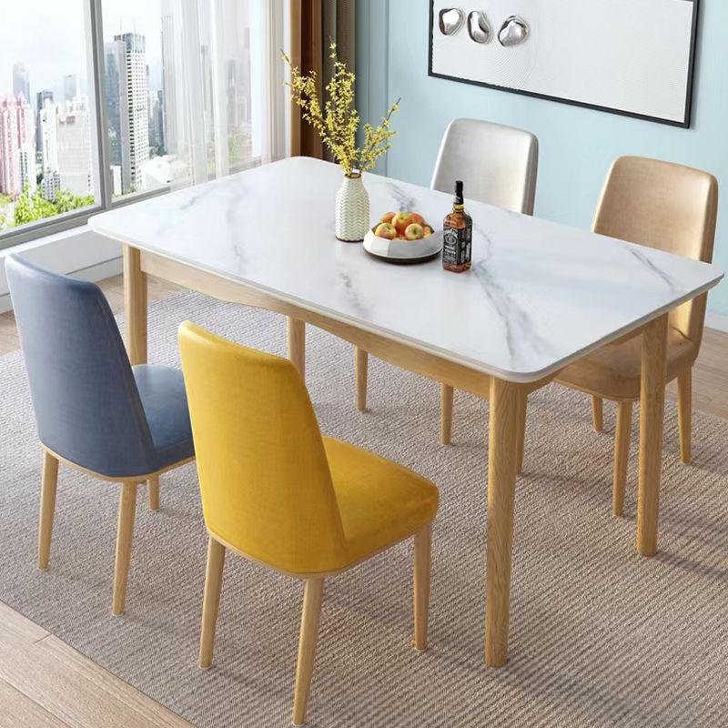 Mesa de comedor de piedra rectangular blanco moderno con 4 pies de madera maciza
