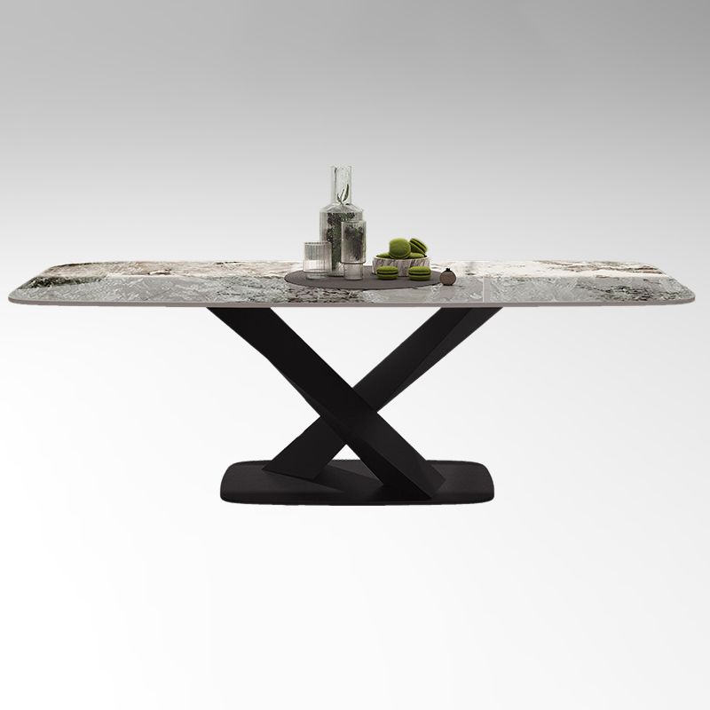 Tavolo da pranzo moderno rettangolare con piano bianco e base a X in metallo nero