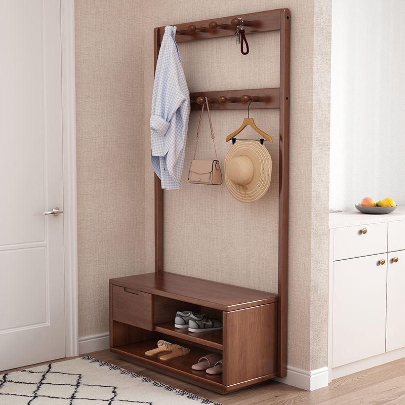 Contemporary Style Coat Hanger Hooks Design Solid Rubberwood Coat Rack with Drawer