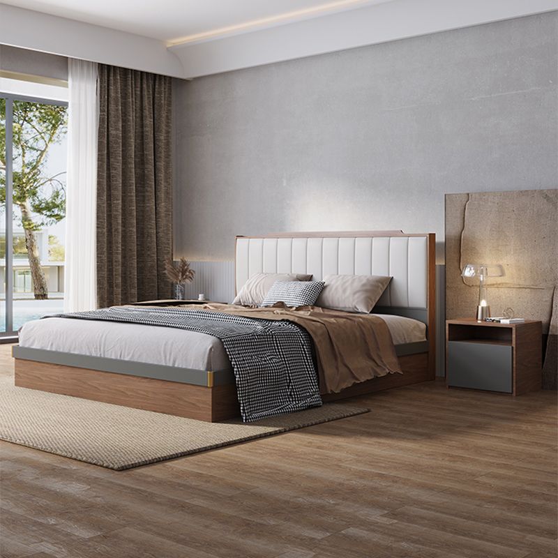 Cama de panel de cabecera tapizada de cama con plataforma moderna de mediados de siglo con cajones
