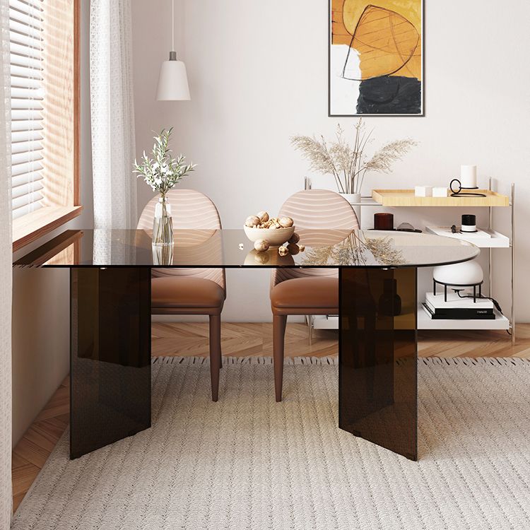 Contemporary Tempered Glass Dining Table Double Pedestal Dining Table for Dining Clearhalo ' dining_table' 'Dining Tables & Seating' 'Dining Tables' 'furn' 'furn_dining_table' 'Furniture' 'furniture_dining_table' 'Kitchen & Dining Furniture' 'kitchen&dining_furn' 'kitchen' 'kitchen_dining_table' 1200x1200_1676c578-81df-47ca-9aa2-dda8d9b5fc31