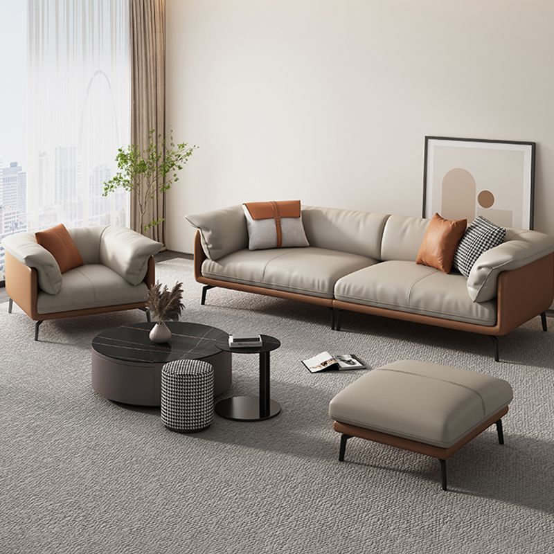 Grey Modern Loose Back Sofa & Chaise 23.68" H Pillow Top Armed Sofa, Genuine Leather Clearhalo 'furn' 'furn_sectionals' 'Furniture' 'furniture_sectionals' 'Living Room Furniture' 'Sectionals' 1200x1200_1681c9f1-9c24-4807-96fe-b6ea59eb9a78