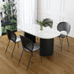 Mesa de comedor ovalada moderna, mesa de pedestal doble de acero negro con tapa de piedra sinterizada
