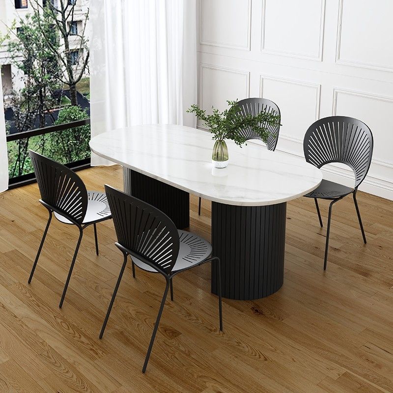 Mesa de comedor ovalada moderna, mesa de pedestal doble de acero negro con tapa de piedra sinterizada