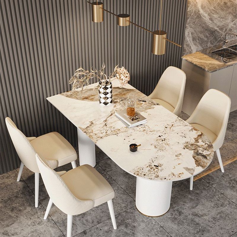 Traditional Luxury Dining Table Stone and Metal White Base Double Pedestal Table Clearhalo 'Dining Tables & Seating' 'Dining Tables' 'dining_table' 'furn' 'furn_dining_table' 'Furniture' 'furniture_dining_table' 'Kitchen & Dining Furniture' 'kitchen' 'kitchen_dining_table' 1200x1200_168c306a-7b60-4b87-8c5a-2e119f23d96a