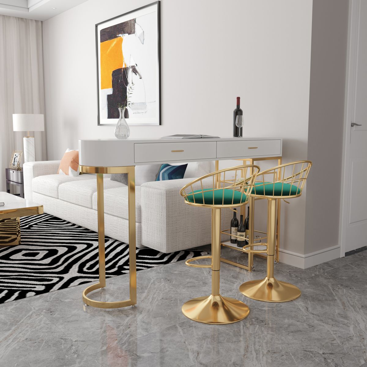 Glam Gold Iron Bar Table White Specialty Top 41.3"H Bistro Table with Storage Clearhalo 'Bar Furniture' 'Bar Tables' 'bar_tables' 'furn' 'furn_bar_tables' 'Furniture' 'furniture_bar_tables' 'Kitchen & Dining Furniture' 1200x1200_16a40242-8ca1-415d-8b75-848633120797