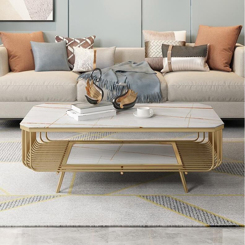 17.7" H Glam Rectangle Slate Coffee Table Iron 4 Legs Cocktail Table with Shelf Clearhalo 'Coffee & Accent Tables' 'Coffee Tables' 'coffee_tables' 'furn' 'furn_coffee_tables' 'Furniture' 'Living Room Furniture' 1200x1200_16be7e70-8945-42a4-a340-8fa844bc4923