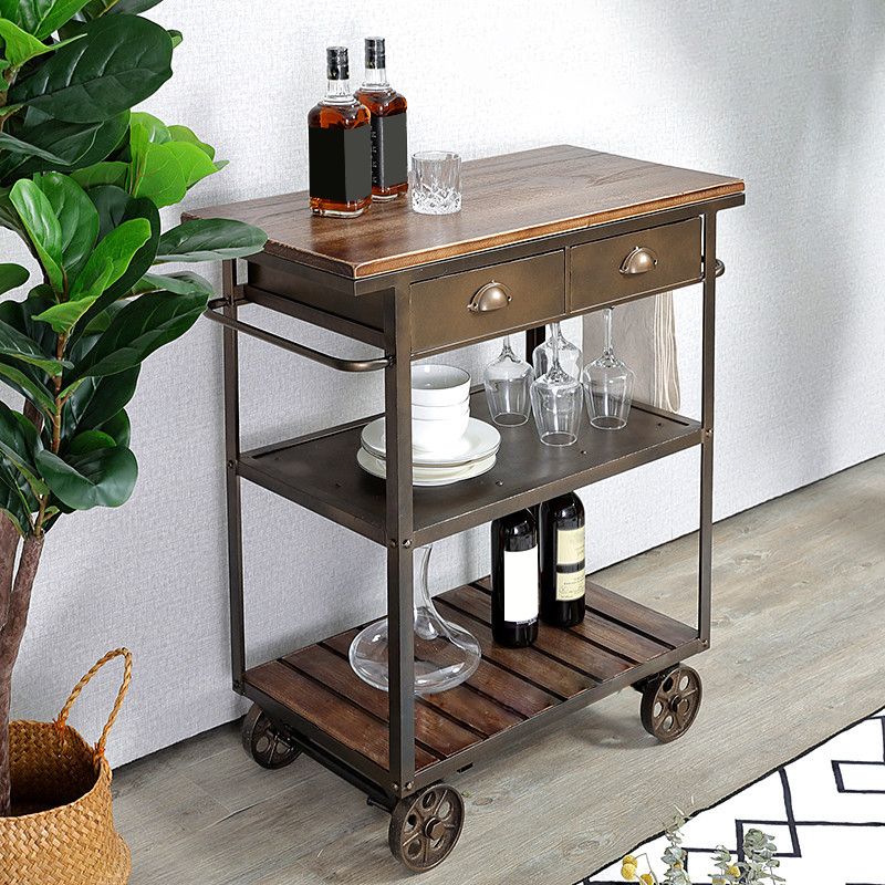 35.43" High Rolling Industrial Kitchen Trolley Wooden Kitchen Trolley for Dining Room Clearhalo 'furn' 'furn_kitchen_islands_carts' 'Furniture' 'Kitchen & Dining Furniture' 'Kitchen Islands & Carts' 'kitchen_islands_carts' 1200x1200_16ed2af2-a256-4cab-8b9c-849299f74ed6