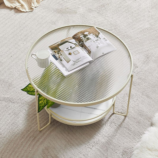 Tavolino rotondo contemporaneo con top in vetro e ripiano in pietra