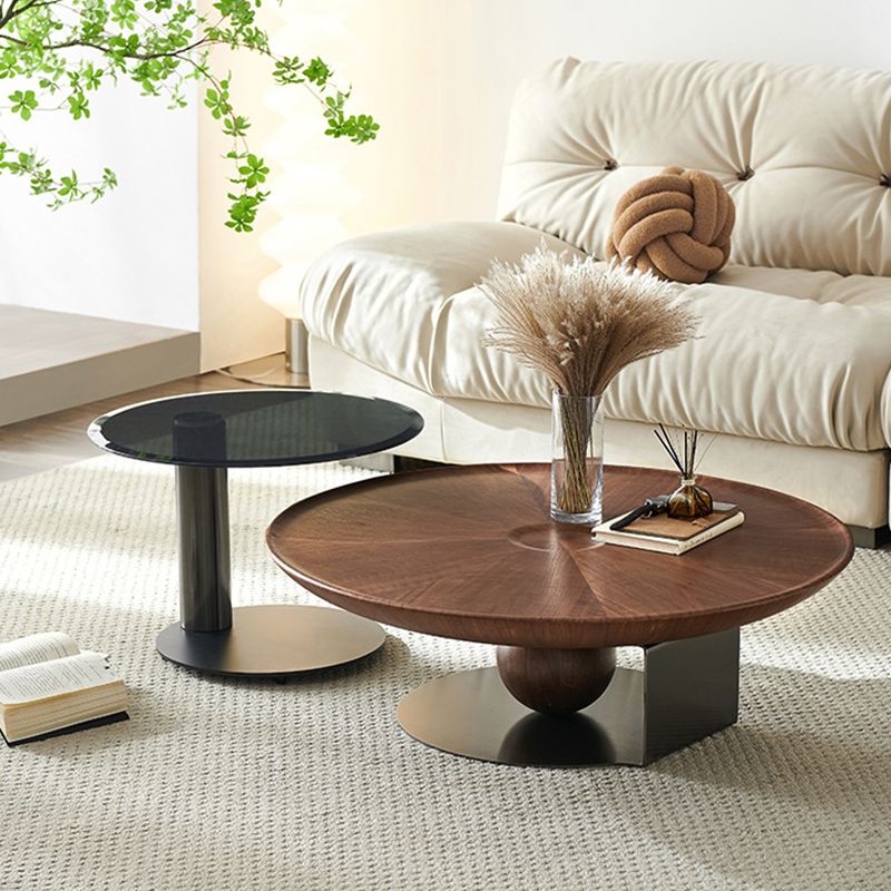 ミッドセンチュリーモダンラウンドウッド/ガラスコーヒーテーブルメタルベースアクセントテーブル