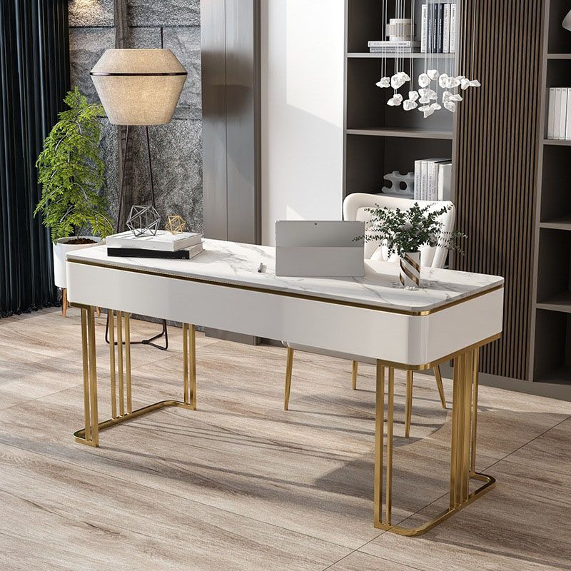White and Gold Office Desk Glam Sled Writing Desk with Drawer Clearhalo 'furn' 'furn_office_desk' 'Furniture' 'Office Desks' 'Office Furniture' 'office_desk' 1200x1200_173ffd0d-a4ed-4e65-857b-12f811d330d8