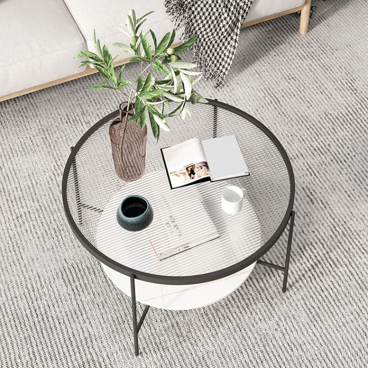 Modern Style Round Glass Table Plate Metal 4 Legs Base with Storage Rack Coffee Table Clearhalo 'Coffee & Accent Tables' 'Coffee Tables' 'coffee_tables' 'furn' 'furn_coffee_tables' 'Furniture' 'Living Room Furniture' 1200x1200_17486f01-f231-483b-94db-43b84099f5ca
