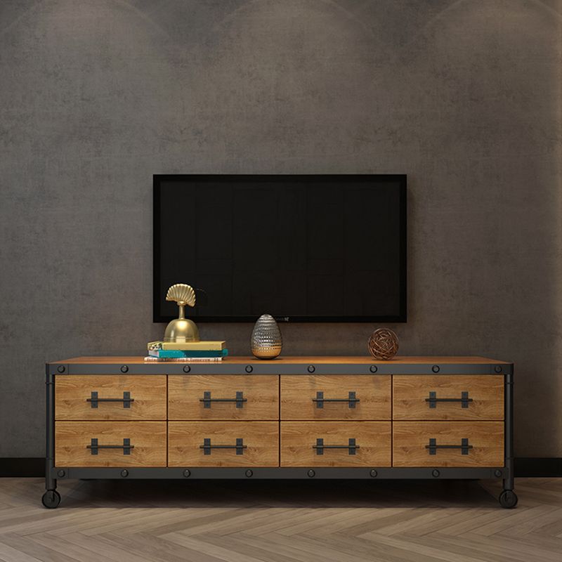 Console TV industrielle en pin, support multimédia de rangement fermé avec tiroirs pour le salon