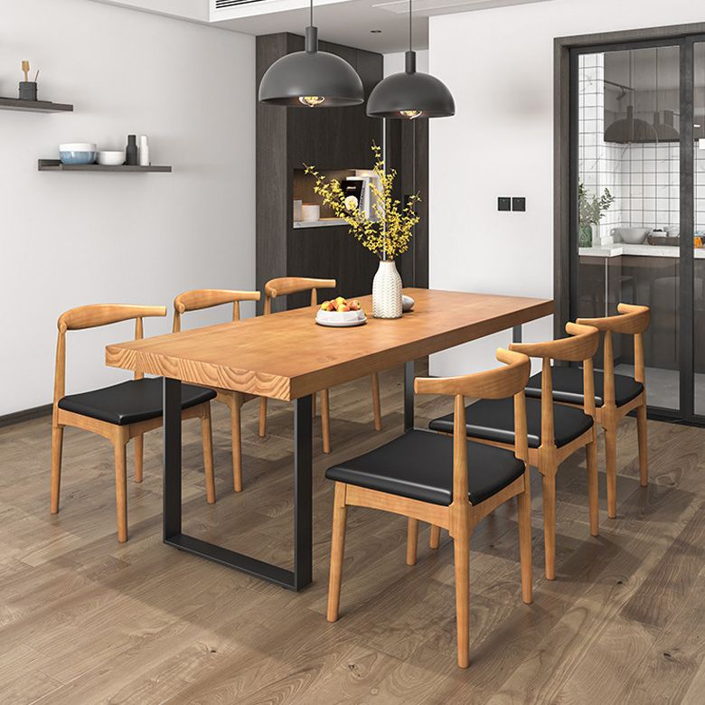 Modern Solid Wood Table Rectangle Dining Table with Metal Double Pedestal Base