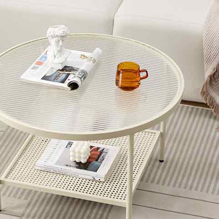 Modern 17.7"H Round Glass Cocktail Table Iron 4 Legs Coffee Table with Shelf Clearhalo 'Coffee & Accent Tables' 'Coffee Tables' 'coffee_tables' 'furn' 'furn_coffee_tables' 'Furniture' 'Living Room Furniture' 1200x1200_179b284a-093f-4084-89c9-9046bc819496