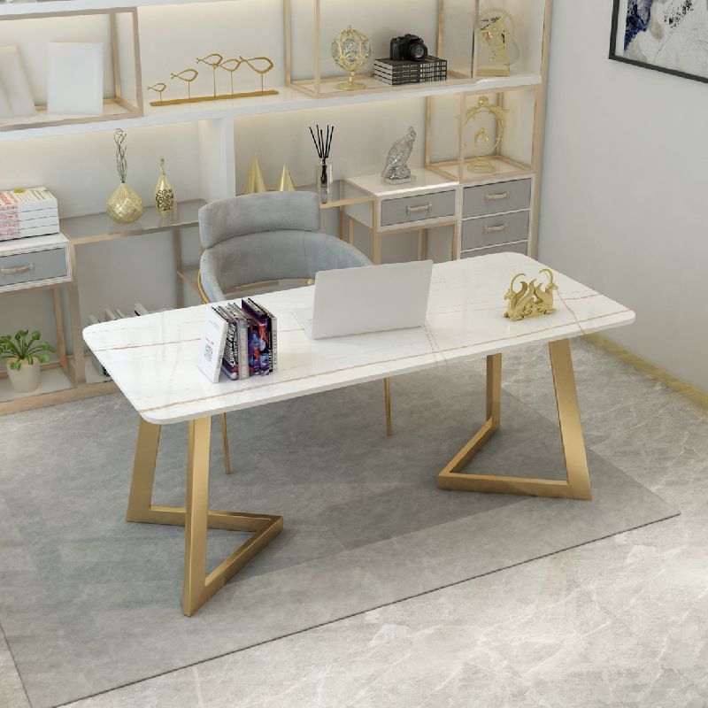 Curved Glam Office Desk with Metal Legs Writing Desk Iron and Stone